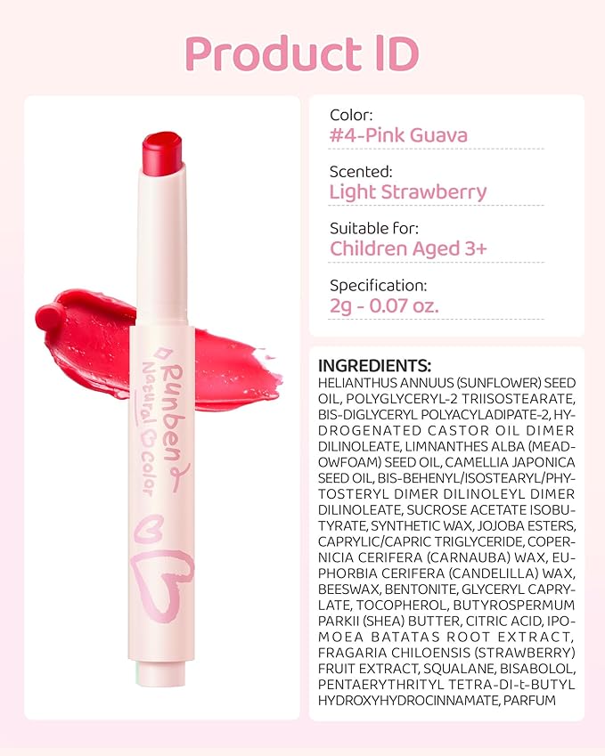 RUNBEN Kids Tinted Lip Balm, Pink Guava Lips Gloss, 24H Moisturizing, Safe & Non-toxic Lipstick for Kids & Teen, Christmas Makeup Gift for Girls, 2g