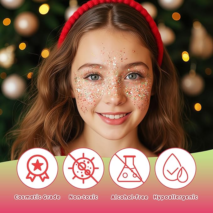 DAGEDA Christmas Body Glitter Stick,Sparkly Face Glitter Makeup,Christmas Hair Accessories Rave Outfits for Women, Green Silver Red Glitters Shimmer Face Paint Stick Singer Concert Accessories