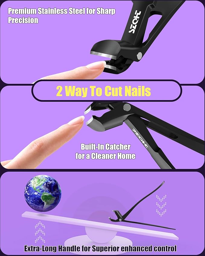 2025 Upgrade Angled Head Nail Clippers for Men, SZQHT Toenail Clippers for Seniors Thick Toenails, Large Toe nail Clippers with Catcher, Extra Wide Handle, Sharp Heavy Duty Stainless Steel Nail Cutter