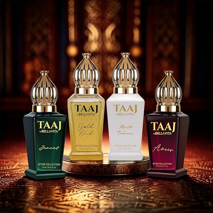 BELLAVITA Luxury Taaj Attar | Long Lasting Unisex Gift Set for Man and Woman 4x12ml | Caramel, Lemon, Cinnamon, and Musk | Non-Alcoholic Roll On | Oud, Floral, Musk | Attar for Men and Women