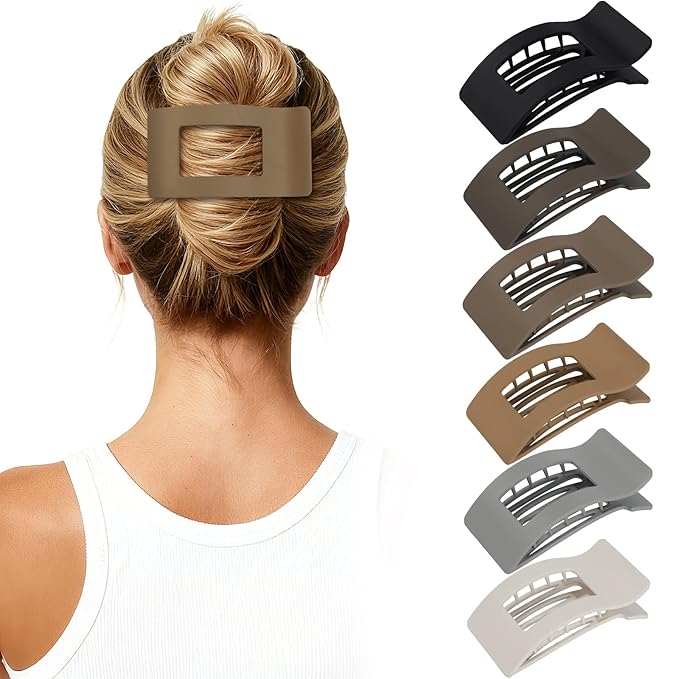 French Flat Hair Clips for Women 6pcs Hair Claw Clips for Thick or Thin Hair Matte Claw Clips for Girls Barrettes Non-Slip Strong Hold Hair Accessories for Women (Brown Grey)
