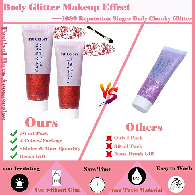 Body Glitter Face Glitter Gel: Singer Concerts Disco Festival Rave Accessories Face Glitter Makeup Chunky Sequins Mermaid Face Body Hair Glitter Gel (2 Red)