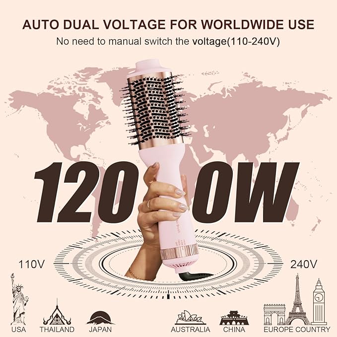 Big Size 1200W Dual Voltage Hot Air Brush Dryer, 110-240V 4 in 1 Ionic Blowout Hair Dryer Brush & Styler Volumizer with 75MM Oval Titanium Barrel for Long & Thick Hair