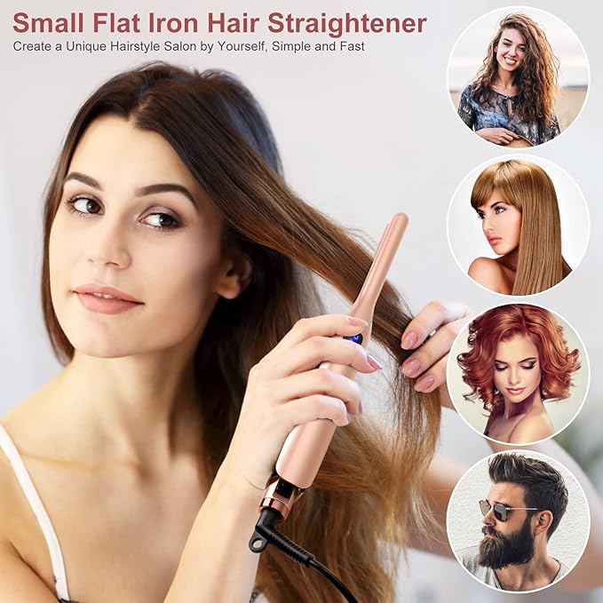 3/10 Inch Pencil Flat Iron, Small Flat Irons for Short Hair, Beard and Pixie Cut, Mini Hair Straightener Small Ceramic with Adjustable Temperature, Include Glove