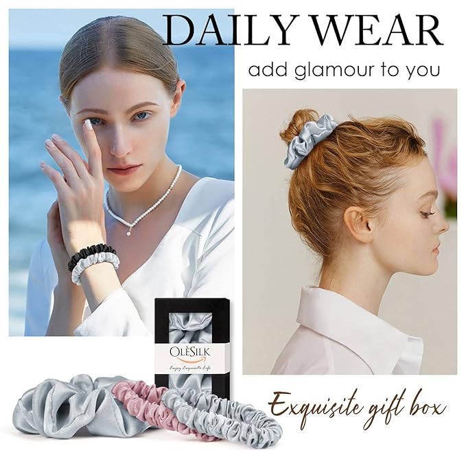 OLESILK 100% Mulberry Silk-Scrunchies for Hair Sleep, Women Grils Silk Hair Ties for Frizz & Breakage Curly Hair, No Damage, Elastics Ponytail Holder, 3 Pack