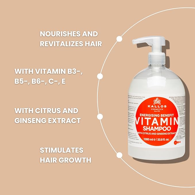 Kallos KJMN Vitamin Energising Shampoo with ginseng extract and avocado oil – Pump 1000 ml - 33,81 Fl Oz