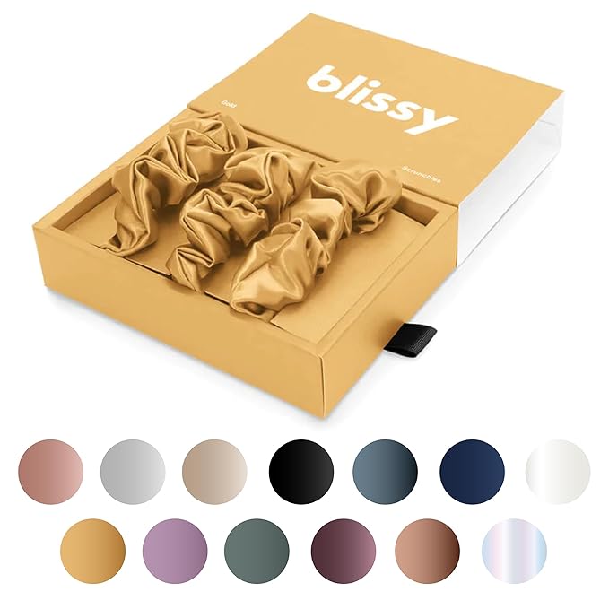 Blissy Silk Scrunchies (3 Pack) - 100% Pure Mulberry Silk - 22 Momme 6A High-Grade Fibers Scrunchie for Straight & Curly Hair - Preventing Breakage, Tangling, & Creasing (Gold Skinny)
