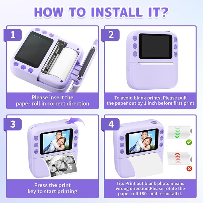 Instant Print Camera for Kids, Christmas Birthday Gifts for Girls Boys, 1080P Instant Digital Print Cameras for Toddler,Portable Toy for 4 5 6 7 8 9 10 Year Old Girl with 32GB SD Card，Purple