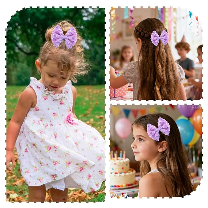 Velvet Sequin Hair Bows Elegant Purple Bow for Women Girls, 4in Glitter Handmade Hair Clips Alligator Clips Ponytail Holder Sparkly Hair Accessories for Christmas, Birthday Party, Wedding