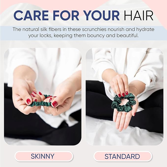 Blissy Silk Scrunchies (3 Pack) - 100% Pure Mulberry 22 Momme 6A High-Grade Fibers Scrunchie for Straight & Curly Hair (Emerald, Regular)