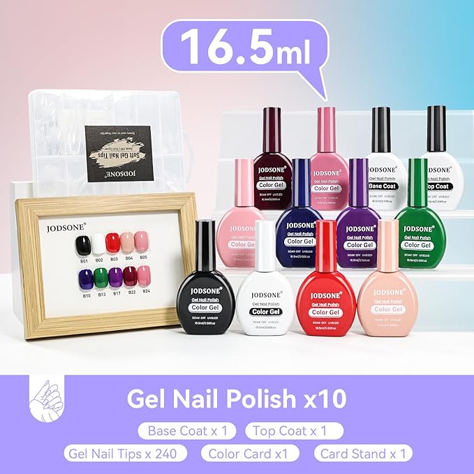 JODSONE 12 PCS 16.5 ml Gel Nail Polish Same Color Same Bottle with Base Coat and Top Coat, 10 Colors for At-Home Salon Nail Art, Holiday Gifts