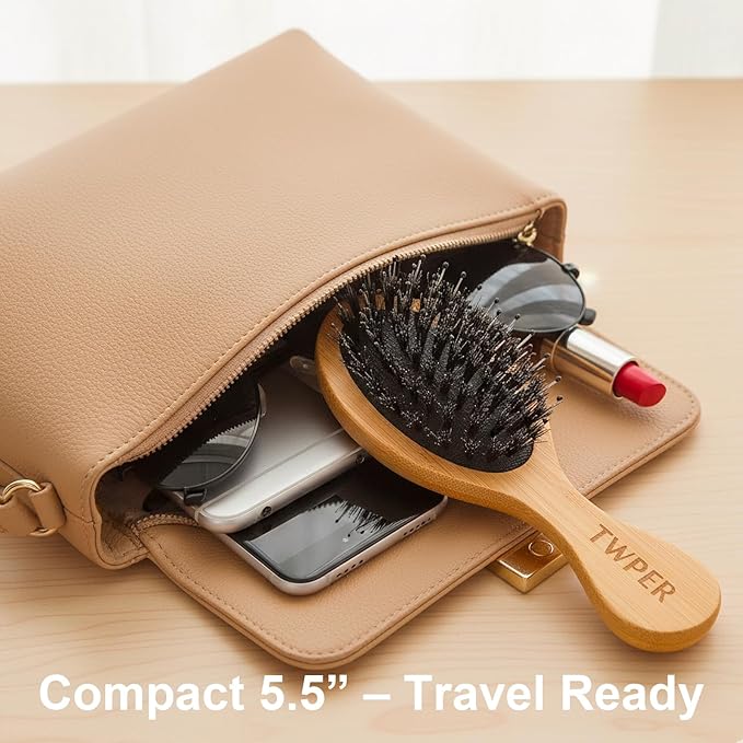 Boar Bristle Hair Brush Mini Travel Size, TWPER Bamboo Nylon Small Detangling Brush for Women Men Kids, Scalp Massage Portable Hair Care Tool Gift