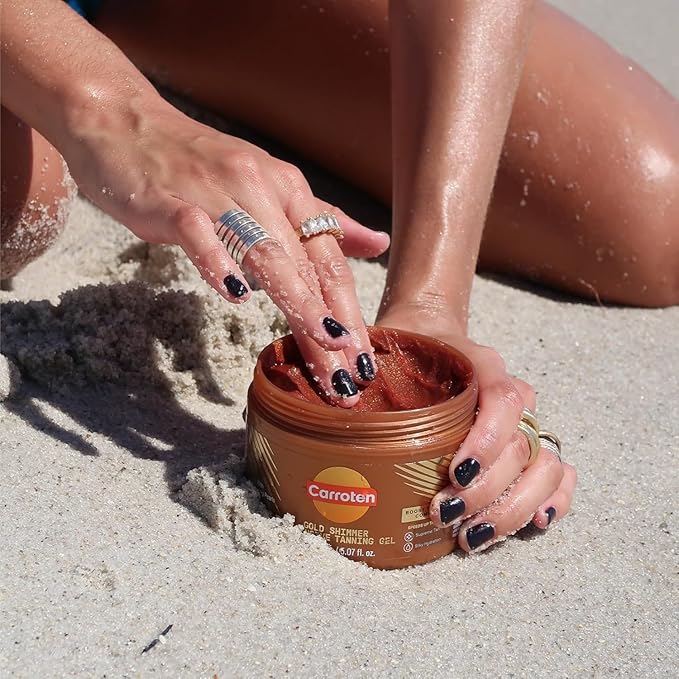 Carroten Gold Shimmer Tanning Gel | Browning Indoor/Outdoor Tan Accelerator | Non-Greasy, Water-Resistant with Carrot & Coconut Oil | Vitamin A & E For Moisture & Hydration | 5 Fl Oz + Spatula