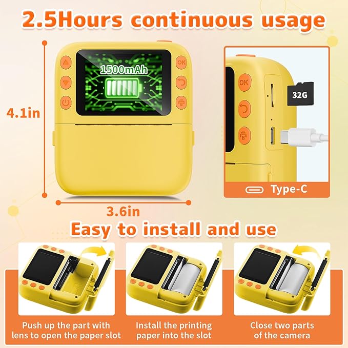Instant Print Camera for Kids, Christmas Birthday Gifts for Girls Boys, 1080P Instant Digital Print Cameras for Toddler,Portable Toy for 4 5 6 7 8 9 10 Year Old Girl with 32GB SD Card，Yellow