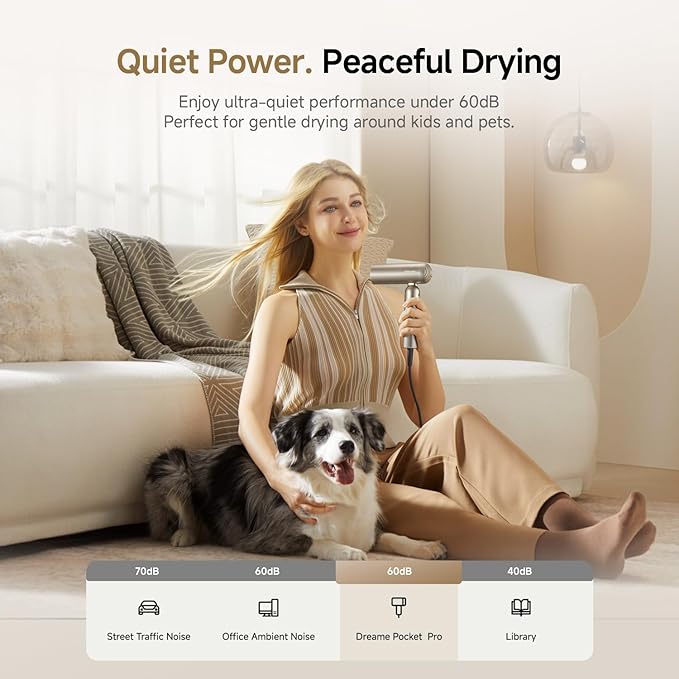 Dreame Pocket Pro Hair Dryer, Dual Voltage Travel Blow Dryer with Diffuser, 1300W Professional HighSpeed Ionic Hair Blower, Fast Drying, Low Noise, Lightweight, No Heat Damage, Global Travel 120V/240V