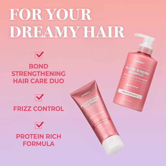KUNDAL Holiyday Silky Glow Edition - Protein Bonding Shampoo 500ml + Treatment 250ml + Hair Scrunchie [Violet Muguet] - Korean Hair Care, Damage Repair, Heat Protection, Stocking Stuffers