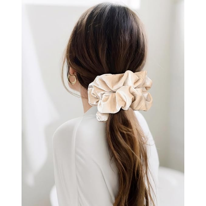 CEELGON Beige Big Velvet Scrunchie 6.5 Inches Jumbo Scrunchies Hair Ties Oversized Ponytail Holder for Thick Curly Hair Extra Large Hair Accessories for Women (Beige)