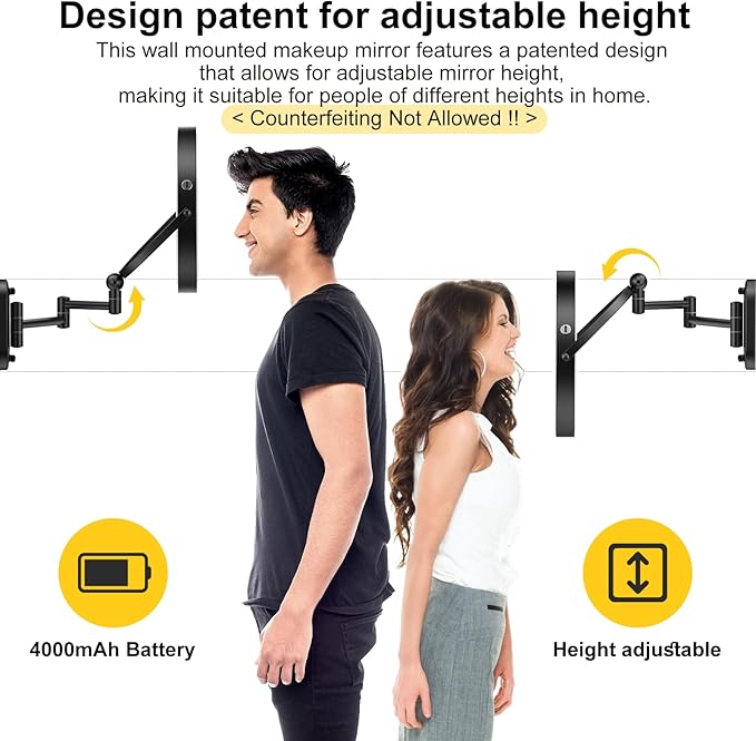 9" Wall Mounted Lighted Makeup Mirror,4000mAh Rechargeable Double Sided 1X/10X Magnifying Mirror with Light,3 Color Lights,Touch Dimmable,Extended Arm 360 Rotation Wall Mounted Makeup Mirror