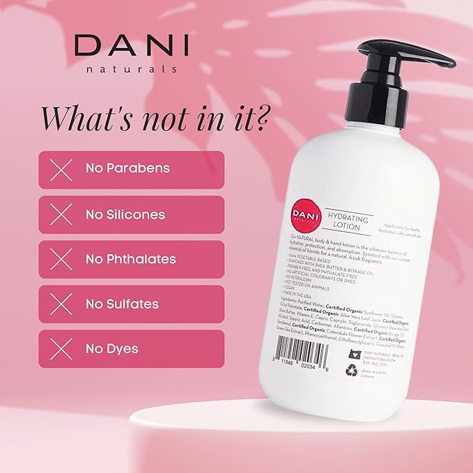 DANI Naturals Hand & Body Lotion - Citrus Rose Scented, Deep Hydration Lotion for Dry Skin, With Shea Butter & Aloe Vera, Natural & Organic Ingredients, Paraben-Free, 12 Oz