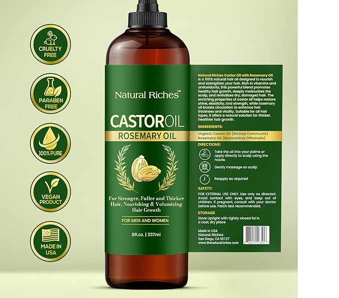 Natural Riches Castor Oil with Rosemary Oil, 8 fl oz, For Stronger, Fuller and Thicker Hair Growth - Organic Castor Oil with Rosemary Oil Premium Grade hair treatment
