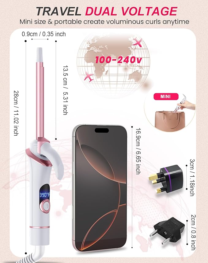 Small Barrel Mini Thin Curling Iron for Short Hair Dual Voltage with European UK Plug Adapter 3/8 Inch Travel Size Curling Iron to Tight Corkscrew Curls with 30S Fast Heating, 5 Temps for Global