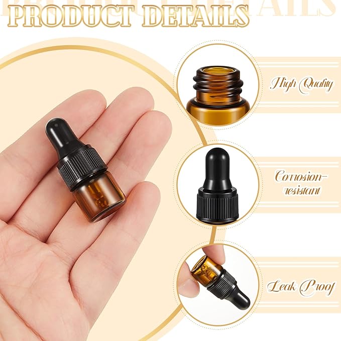 200 Pcs Mini Glass Oil Dropper Bottle Bulk, Clear Essential Small Empty Bottles Sample Containers Perfume Liquid Vials with Cap for Traveling (1 ml,Amber)