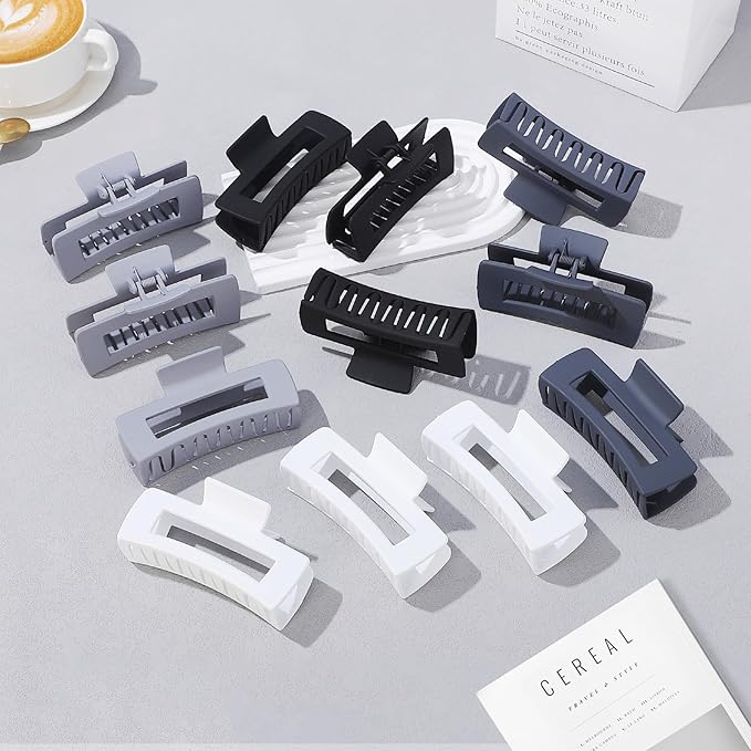 12 Pcs Large Hair Clips for Women, 4.2 Inch Square Claw Clips, Colorful Hair Claw Clips for Thick and Thin Hair, Bulk Hair Accessories for Women and Girls - Grey