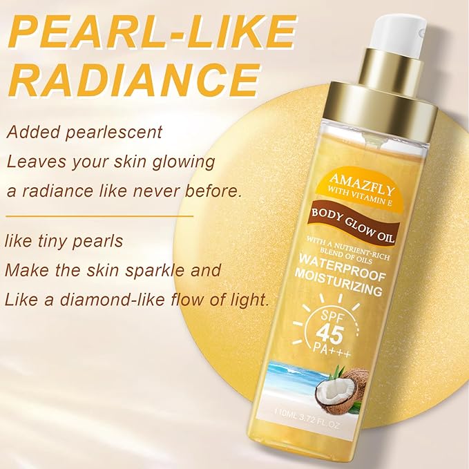 Body Glow Oil, SPF 45 PA+++, Sunscreen Body Oil with Gold Mica, Moisturizing Coconut with Vitamin E, Glow Moisturizer, Lightweight, Water Resistant, 3.72 fl oz,GOLD