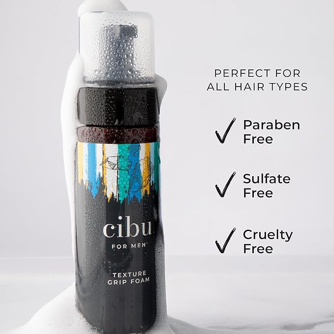 CIBU for Men Texture Grip Foam 6oz - Hair Styling Foam for Long Lasting Hold, Texture, and Volume while Keeping a Healthy Hair - Ideal for Messy, Sleek, and Casual Hair