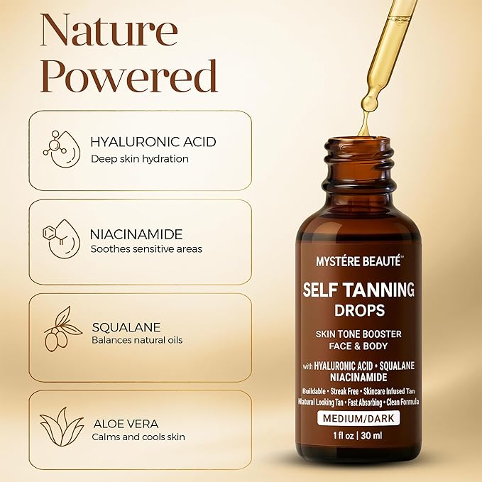 Hydrating Self Tanning Drops – MEDIUM/DARK – Face & Body Glow with DHA, Hyaluronic Acid, Niacinamide – Buildable, Streak Free Tan – MYSTERE BEAUTE – 1 fl oz