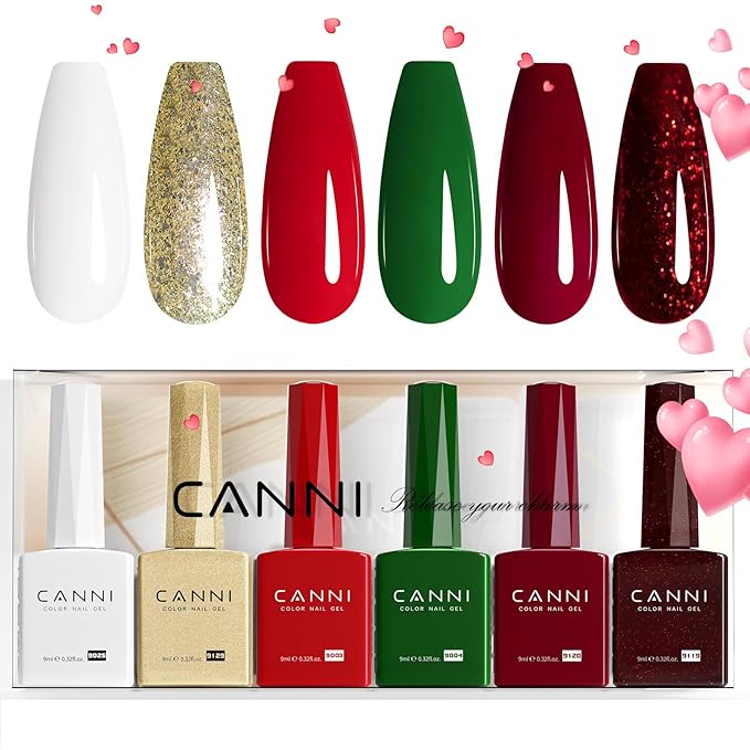 CANNI 6Pcs 9ml Gel Nail Polish Set- White Glitter Gold Emerald Green Burgundy Red Gel Polish Kit Christmas Colors DIY at Home Salon New Year's Gifts for Girls