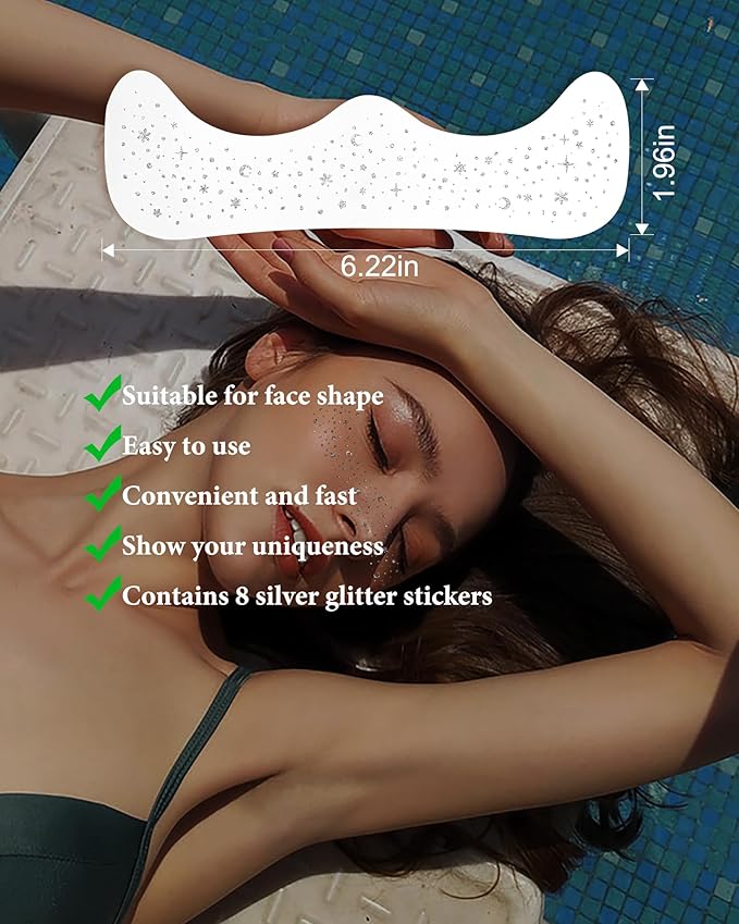 Body Face Makeup Patches for Kids Women Girls, Silver Rave Glitter for Face, Singer Concerts Festival Holiday Rave Accessories - 8 Counts