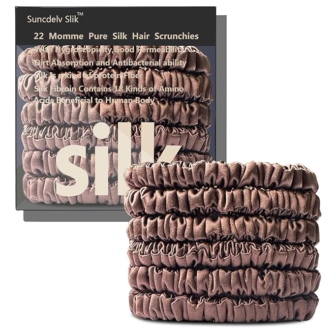 Suncdelv Silk,100% Silk Scrunchies for Hair,22 Momme Hair Ties for Anti-Crease & Breakage,Natural Women Hair Accessories，Fashion Hairbands 6PCS（Coffee）