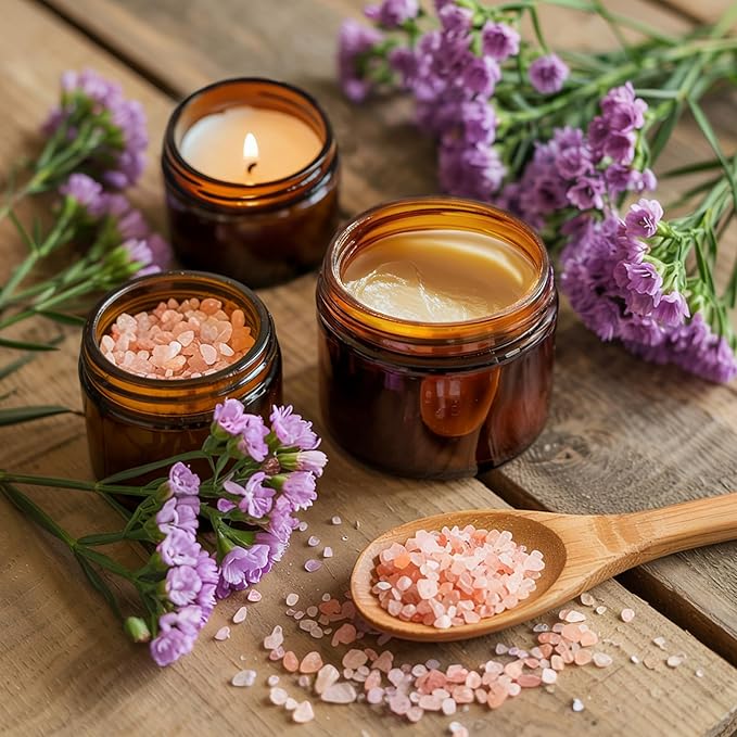 2oz Amber Glass Jars with Lids - 40 Pack Brown Small Cosmetic Containers with Inner Liners, Wide-Round Smooth Mouth, Sealable for Creams, Lotions, Essential Oils, Body Butter, Travel Samples