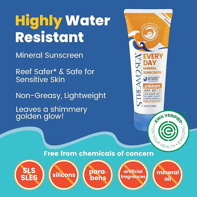 SPF 45 Every Day Shimmer Mineral Sunscreen | 2.5 Fl Oz Biodegradable, Paraben Free & Reef Safe Sunscreen | Non-Greasy, Lightweight & Shimmer Mineral Protection Against UVA & UVB for Face & Body