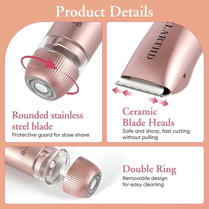 2 in 1 Women Electric Shaver Dual Head Bikini Trimmer for Women IPX7 Waterproof Wet & Dry Use Body Hair Trimmer and Facial Hair Remover for Bikini Underarm Leg Arm Body Face