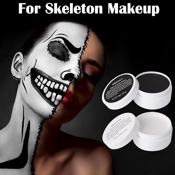 MEICOLY 7Pcs Halloween Makeup Kit - Black & White Face Paint, Oil Based Face & Body Paint for Adults & Kids - SFX Joker, Zombie, Vampire, Skull, Skeleton Makeup