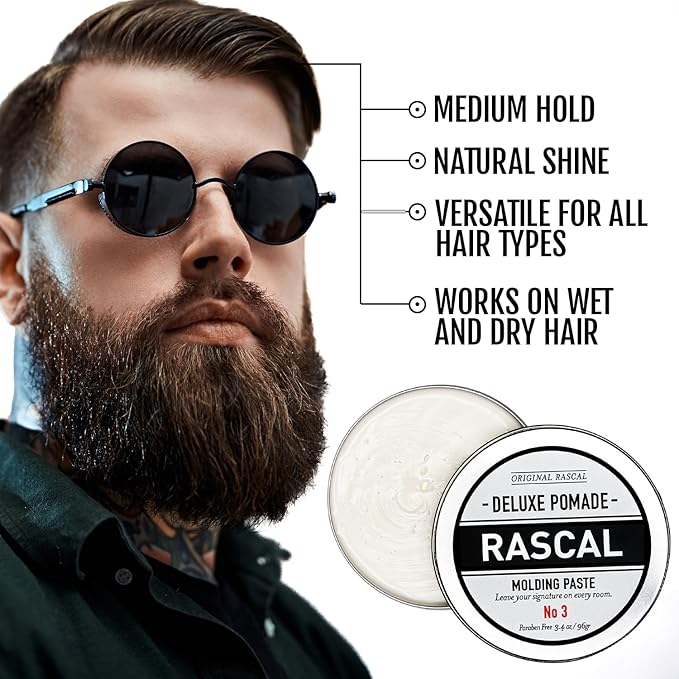 Original Rascal Deluxe Pomade for Men #3 - Matte Molding Hair Paste with Medium Hold & High Shine - Men's Styling Care Solution Product for All Hair Types - Natural Infused with Beeswax & Mineral Oil