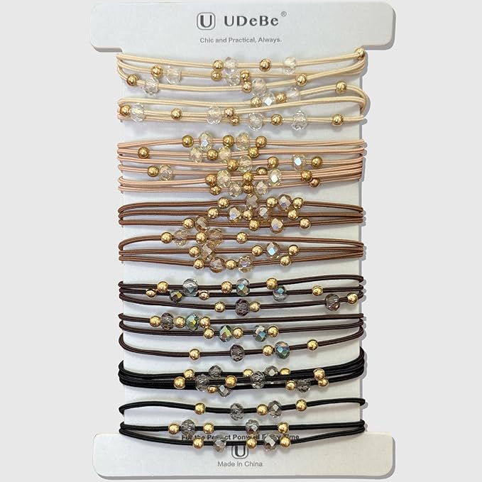 10pcs Brown Hair Ties with Gold & Crystal Beads, Thin Elastic Ponytail Holders for Women, No Damage, Stylish Hair Accessories