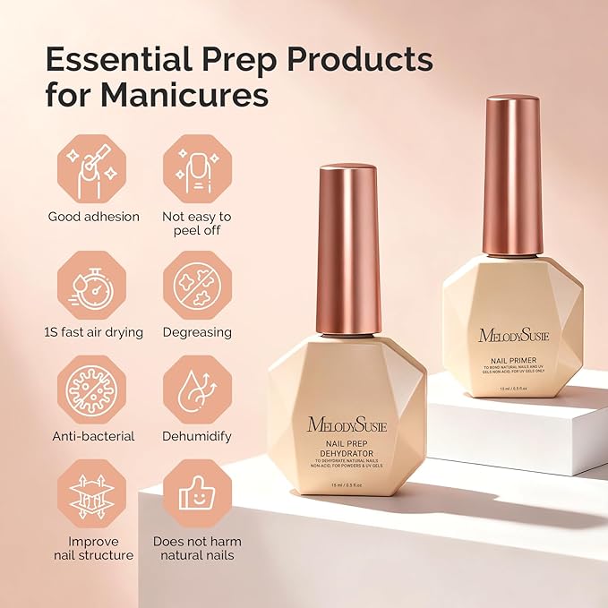 MelodySusie Dehydrator and Primer Acid-Free HEMAFree Nail Prep Set for Acrylic,Gel,DIY Nails,Fast Dry,Superior Bonding,No Lift Formula,Ideal Manicure Gift Set 2Pcs 15ML/0.5oz