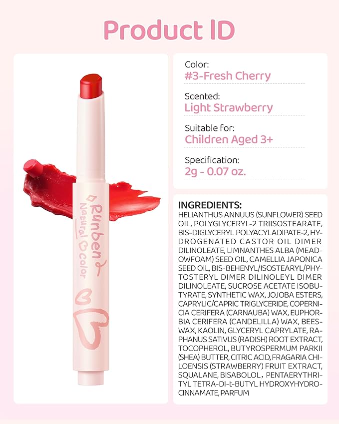 RUNBEN Kids Tinted Lip Balm, Fresh Cherry Lips Gloss, 24H Moisturizing, Safe & Non-toxic Lipstick for Kids & Teen, Christmas Makeup Gift for Girls, 2g