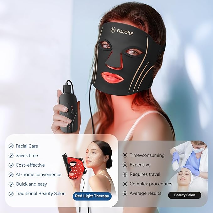 FOLOKE LED Light Therapy Mask Skin Care Mask, LED Red 630±5nm & NIR 830nm Wavelength for Home Use(TAN)