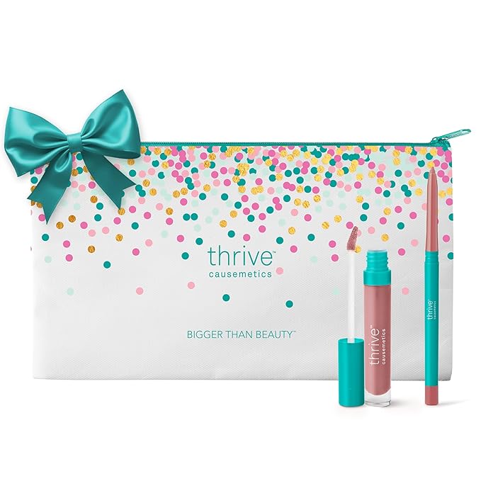 Thrive Causemetics Perfect Pink Pout Lip Gloss & Liner Gift Set for Women, Sheer Strength Lip-Plumping Peptide Gloss & Long-Wearing Plumping Lip Liner, Vegan & Cruelty Free, Jo (Pink Mauve)