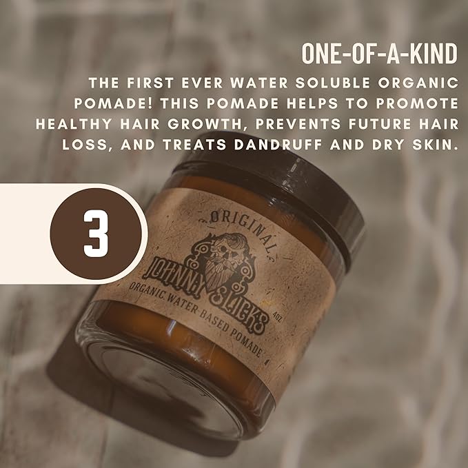 Johnny Slicks Water Based Pomade | Strong Hold, High Shine, Organic Styling for Men | Promotes Healthy Hair Growth & Helps Hydrate Dry Skin (Original, 4 Ounce) US Made, Veteran Owned