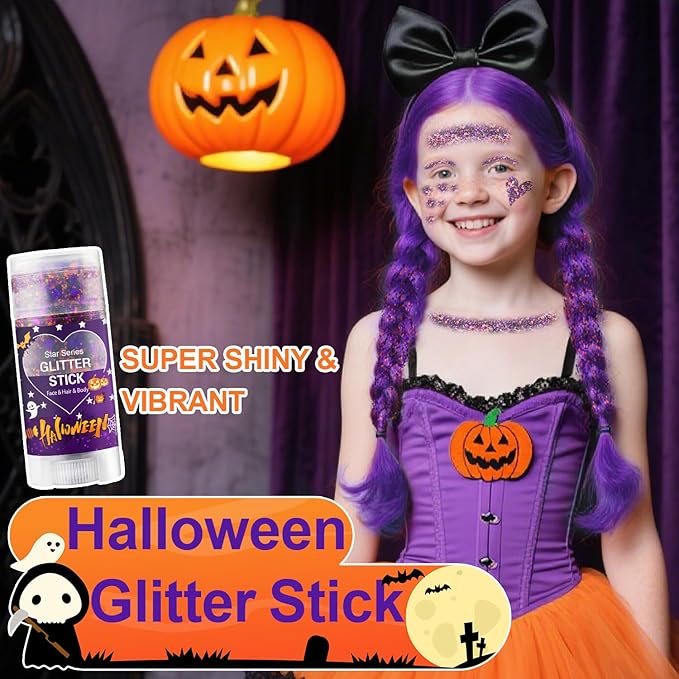 Halloween Body Glitter Stick, Black Orange Purple Sequin Hair Glitter for Rumi Costume Cosplay and Tattoos Makeup, Chunky Glitter Face Paint, Waterproof Face Glitter Gel for Glirs and Women