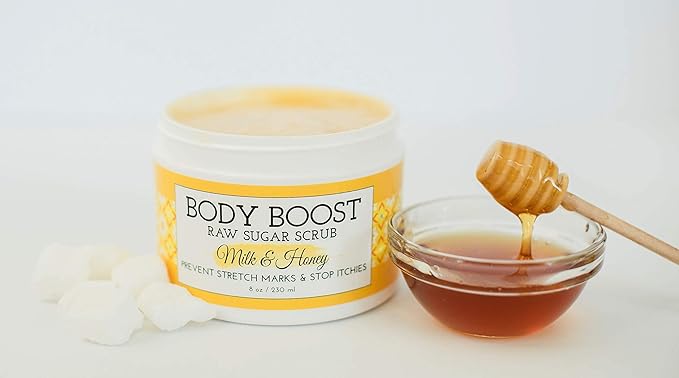 Body Boost Milk & Honey Sugar Scrub 8 oz- Help Prevent Dry Skin, Stretch Marks, and Scars- Pregnancy and Nursing Safe- Allergen Free