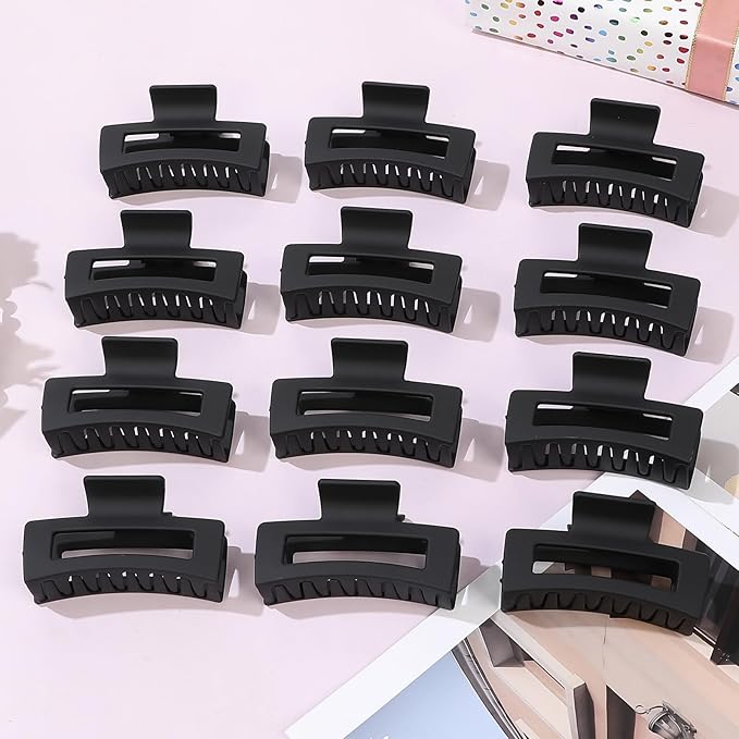3.5 Inch Medium Hair Claw Clips 12 Pcs Square Claw for Thick and Thin Hair Rectangular Rectangle Hair Clips Jaw Clips Bulk Hair Accessories for women and Girls (Black)