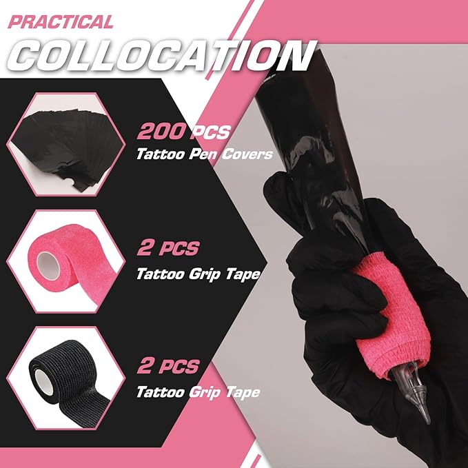 200Pcs Large Tattoo Machine Covers with Black Tattoo Pen Bags and 4Pcs Tattoo Machine Tape Grip Wrap