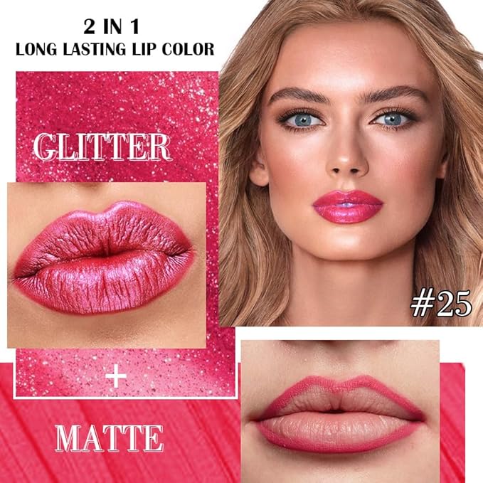 Kaely 2-in-1 Bright Red Metallic Lipstick and Lip Liner Makeup, Shimmer Liquid Metallic Lipsticks for Women, Glitter Lip Gloss Stain Long Lasting Waterproof Smudge Proof 24 Hour, Cruelty-Free 25