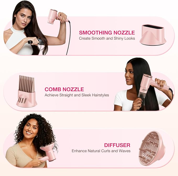 High-Speed Hair Dryer 1875W Ionic & Plasma, Blow Dryer with Diffuser & Comb Nozzle for Curly or Thick Hair, Compact 110000 RPM Fast Drying Lightweight Hair Dryer for Women with Concentrator, Pink